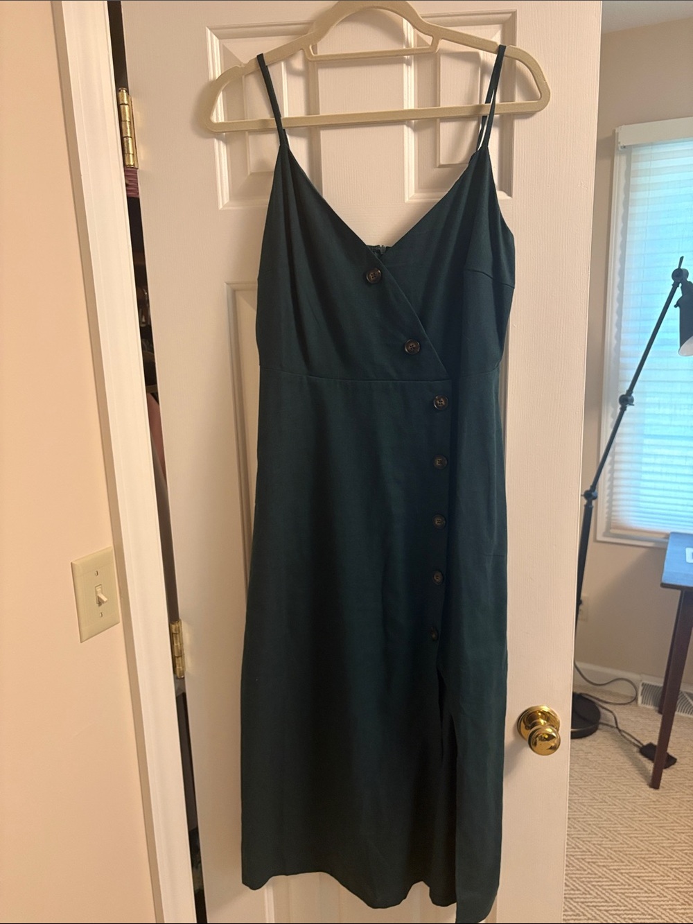 Lush Dark Green Button-Front Spaghetti Strap Midi Dress